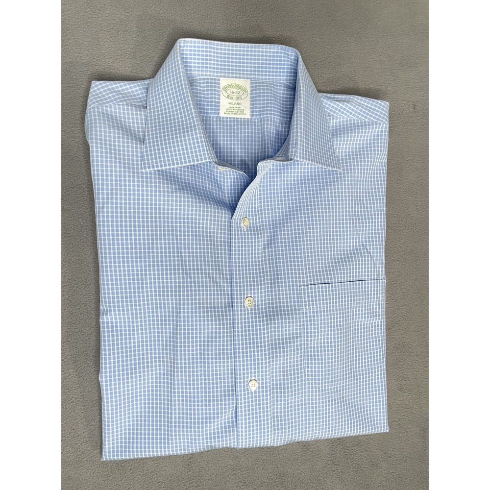Brooks Brothers Milano Slim Fit Dress Shirt 16 32 Blue White Plaid Supima Cotton